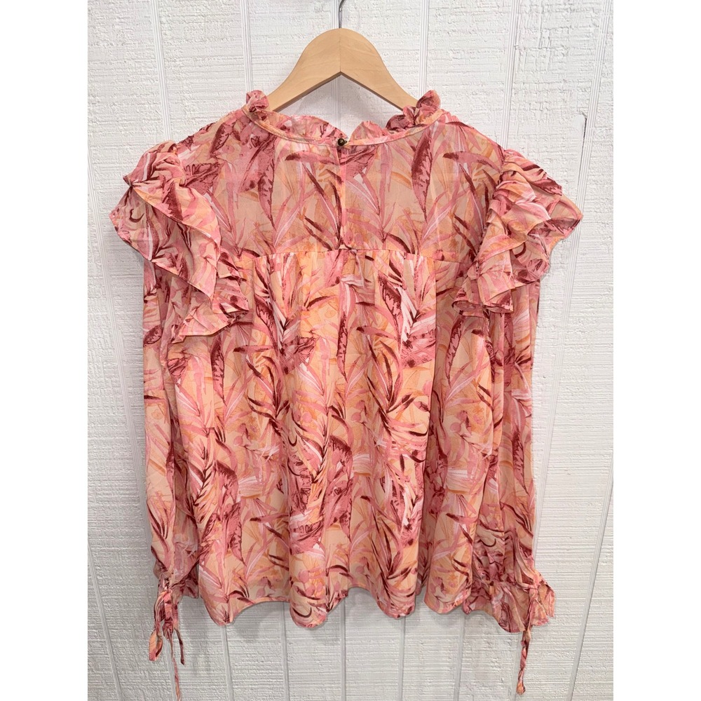 Entro Tropical Leaf Blouse Women Pink Orange Ruffle Smocked Tie Cuff Size Large